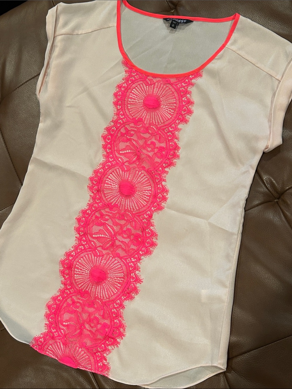 Express Women's Cream Shell Top with Neon Pink Lace Trim